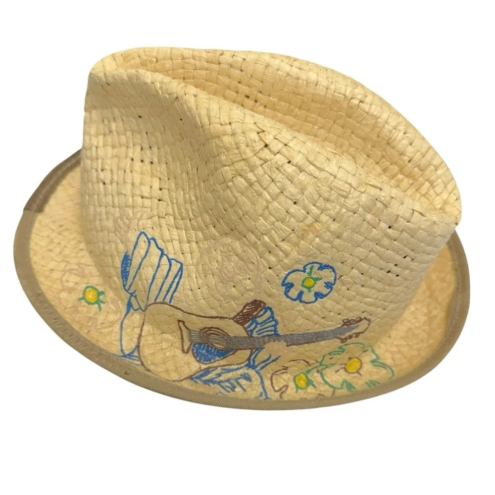 True Religion Sz L/XL 100% Paper Straw Embroidered World Tour Buddha Trilby‎ Hat